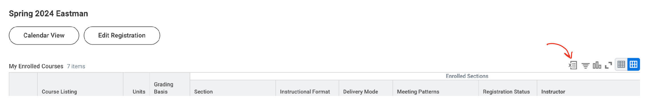 Workday's View My Courses with an arrow pointing to the spreadsheet icon