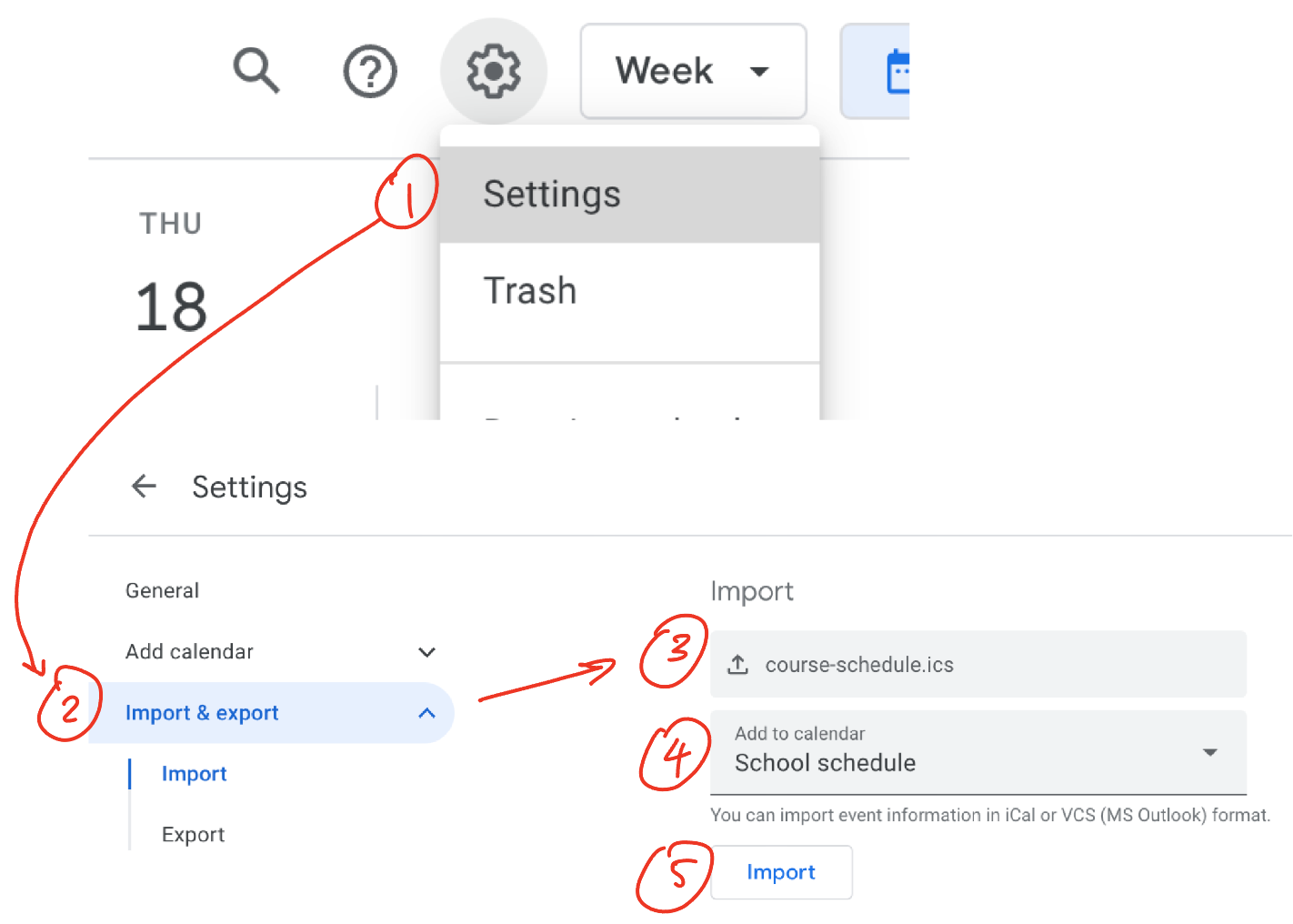 Example of importing course-schedule.ics to Google Calendar
